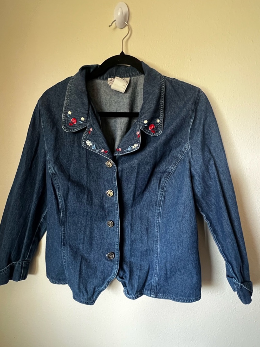 Vintage Embroidered Denim Jacket Floral Collar Cottagecore Large